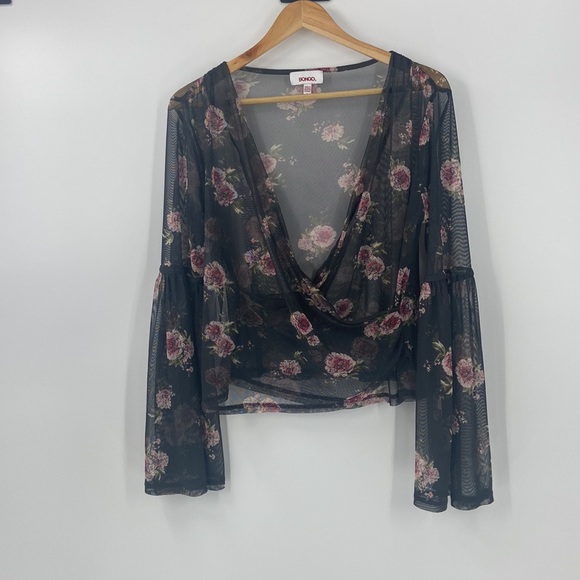 Bongo sheer romantic roses faux wrap blouse Gothic wide bell sleeve large - Picture 16 of 16
